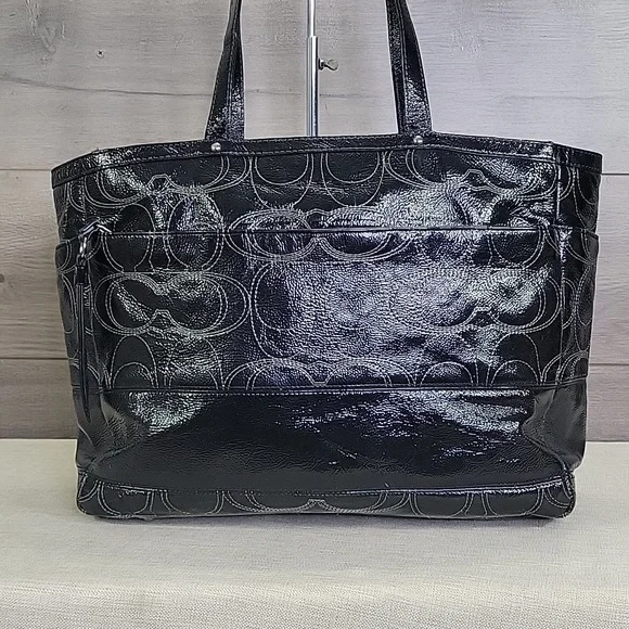 Coach Signature Black Patent Leather Tote Diaper Bag  F19256 - Picture 4 of 15
